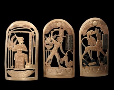 Three intricately carved ancient Egyptian reliefs depicting royal figures, deities, and ceremonial scenes on a dark background.