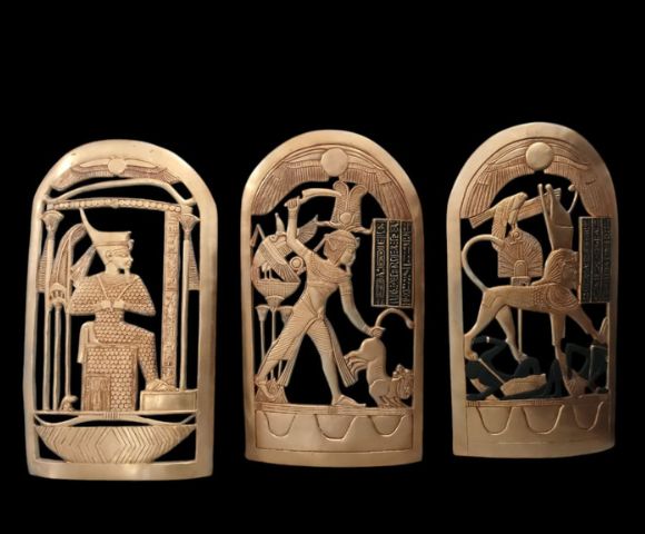 Three intricately carved ancient Egyptian reliefs depicting royal figures, deities, and ceremonial scenes on a dark background.