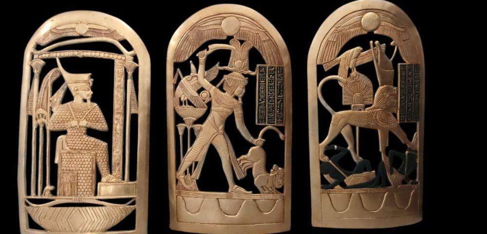 Three intricately carved ancient Egyptian reliefs depicting royal figures, deities, and ceremonial scenes on a dark background.