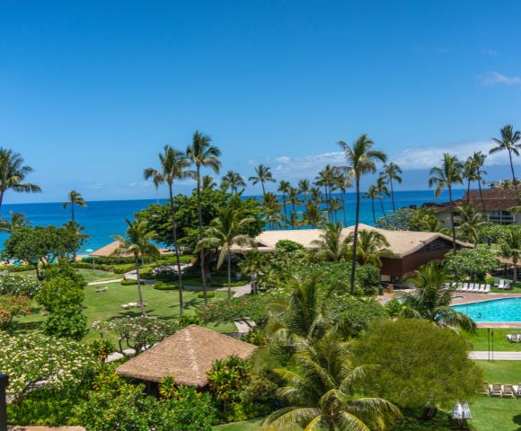 A tropical resort view featuring lush gardens, palm trees, a swimming pool, and a stunning ocean backdrop under a clear blue sky.