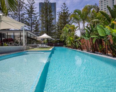 A serene swimming pool surrounded by palm trees, lounge chairs, and a modern building under a clear blue sky.
