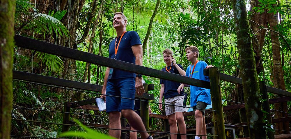 A group of people is walking on a bridge in a wooded area. The scene depicts individuals dressed for outdoor activities, such as hiking, with some wearing shorts. Surrounding them are trees and lush greenery typical of a forest or jungle environment, creating a tranquil vacation atmosphere.