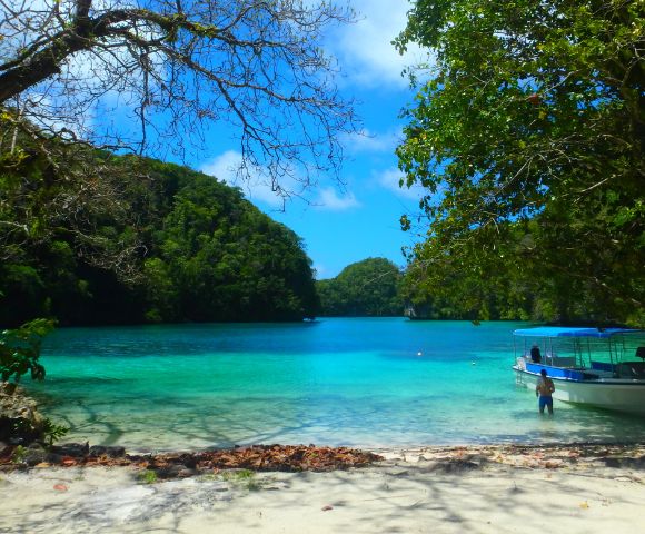A secluded beach with turquoise water, lush green hills, and a small boat, while a person stands in the shallow water under a sunny sky.