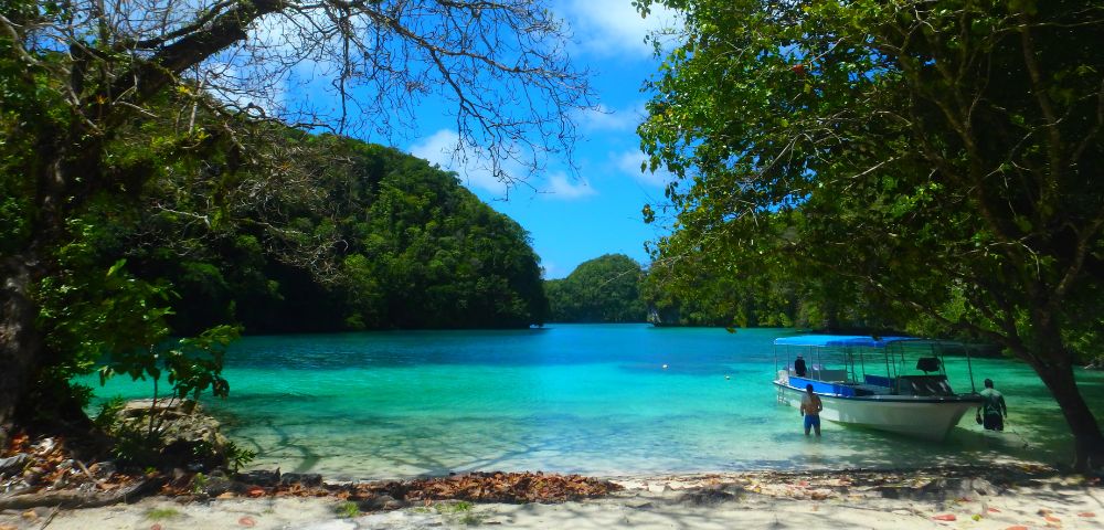 A secluded beach with turquoise water, lush green hills, and a small boat, while a person stands in the shallow water under a sunny sky.