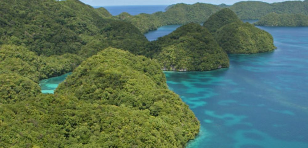 Lush tropical paradise, where emerald-green forested hills meet the crystal-clear turquoise waters of the sea.
