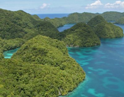 Lush tropical paradise, where emerald-green forested hills meet the crystal-clear turquoise waters of the sea.