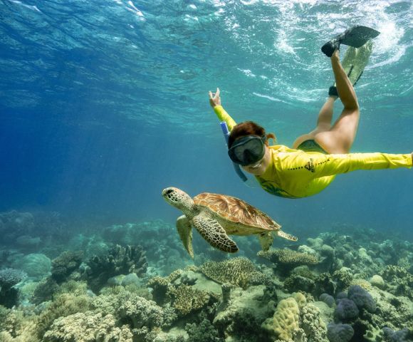 A snorkeler in a yellow wetsuit swims alongside a sea turtle over a vibrant coral reef. The scene conveys a sense of serenity and connection with nature.
