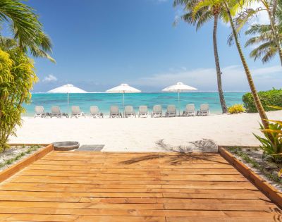 Tropical beach scene with wooden walkway leading to white sand, rows of sun loungers and umbrellas, surrounded by palm trees, under a bright blue sky.