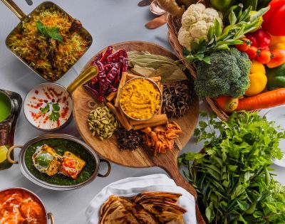 A vibrant display of Indian cuisine featuring colorful vegetables, spices on a wooden platter, and dishes like biryani and saag paneer, conveying richness.