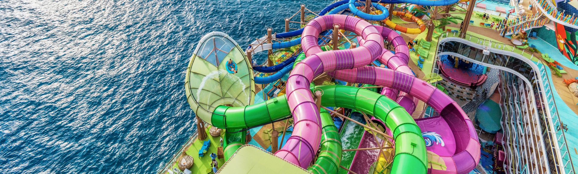 Aerial view of of Thrill Island on Royal Caribbean's Icon Class ship, Icon of the Seas.