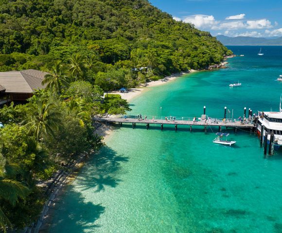 Tropical beach scene with lush green forest, turquoise water, and a dock with a catamaran and boats. Visitors stroll under a sunny blue sky.