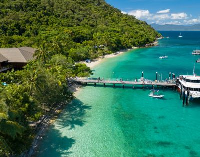 Tropical beach scene with lush green forest, turquoise water, and a dock with a catamaran and boats. Visitors stroll under a sunny blue sky.