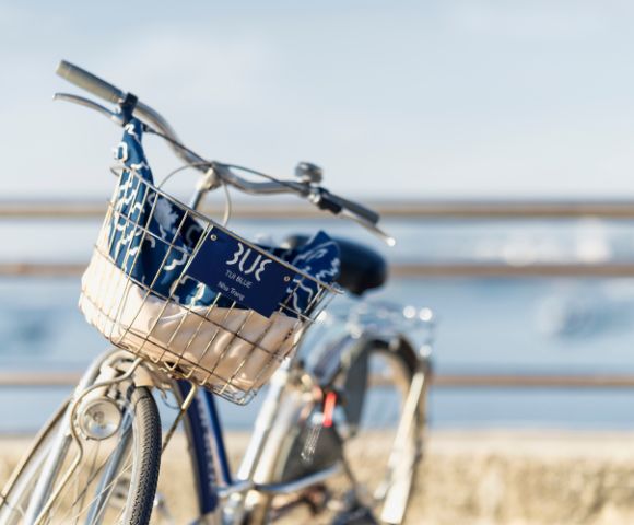 Blue bicycle with a front basket on a sunny seaside path. The basket contains a patterned cloth. The blurred ocean view adds a serene, relaxed vibe.