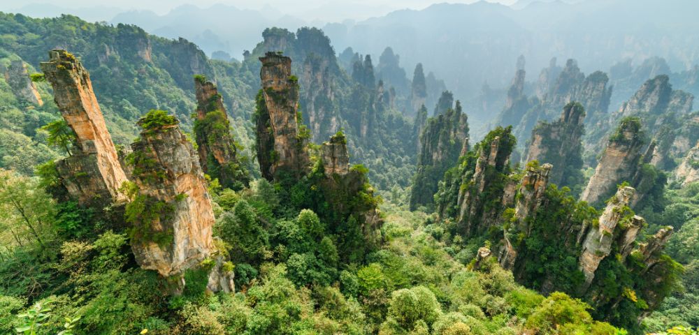 Towering rock formations covered in lush green vegetation rise from a dense forest in a mountainous area, creating a serene and majestic landscape.