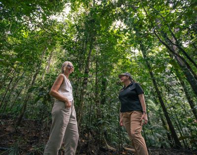 Two people stand in a lush, green forest, smiling and engaged in conversation. Tall trees and dense foliage create a serene, natural setting.