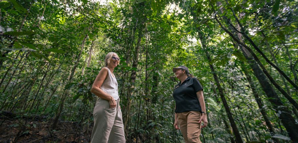 Two people stand in a lush, green forest, smiling and engaged in conversation. Tall trees and dense foliage create a serene, natural setting.