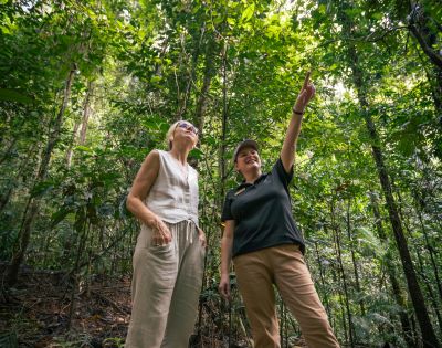 Two women in a lush forest setting. One points upward, sharing information. Their expressions are engaged and curious amid dense green foliage.