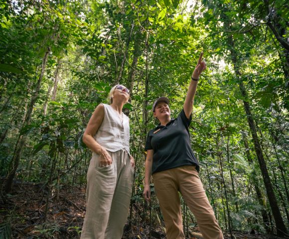 Two women in a lush forest setting. One points upward, sharing information. Their expressions are engaged and curious amid dense green foliage.