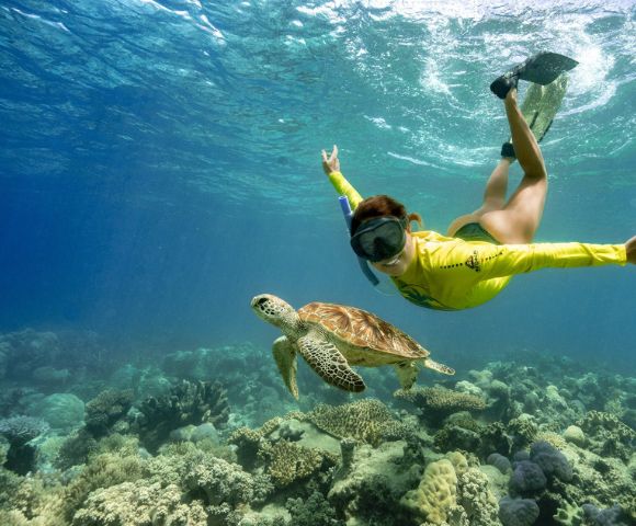 A snorkeler in a yellow rash guard swims underwater alongside a sea turtle above a vibrant coral reef, conveying a sense of adventure and serenity.