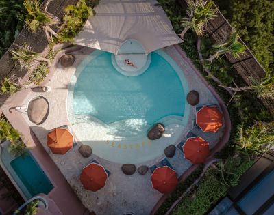 Aerial view of a circular pool with 