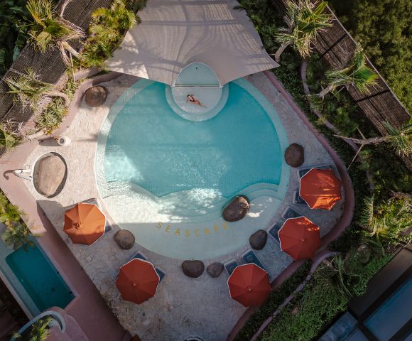 Aerial view of a circular pool with 