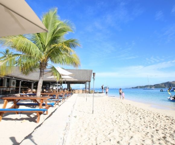 Beachfront restaurant with picnic tables, palm trees, and umbrellas, with a white sand beach and clear blue water visible in the background, people walking on the beach and kayaking.