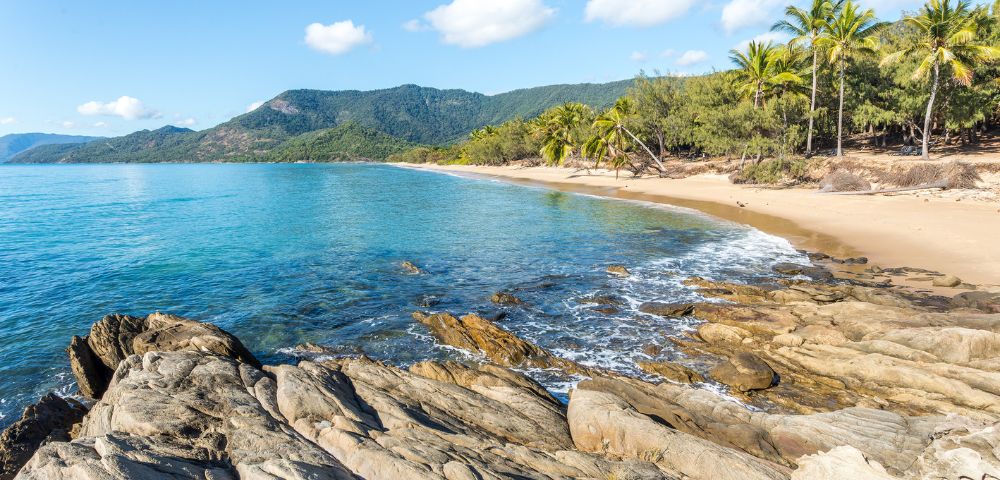 Rocky coastline with turquoise ocean waves, sandy beach, and lush palm trees under a clear blue sky. The scene conveys tranquility and natural beauty.
