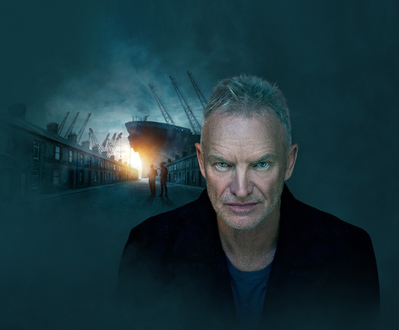 A moody scene with a silhouetted figure in front of a shipyard at sunset, surrounded by industrial silhouettes and dark clouds.