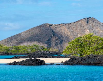 A serene landscape features a rugged mountain backdrop, lush green foliage, and a sandy beach with clear turquoise waters under a bright blue sky.