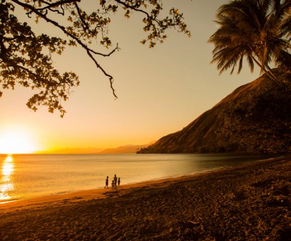 Golden sunset over a calm ocean and sandy beach, with silhouetted figures of people and palm trees along the shoreline, and a large mountain on the right side. Branches with leaves frame the top and bottom of the image.