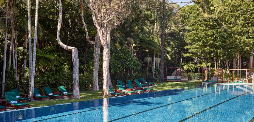Serene swimming pool surrounded by lush greenery and lounge chairs, offering a tranquil escape in a tropical setting.