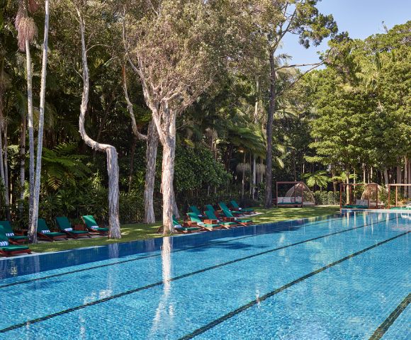 Serene swimming pool surrounded by lush greenery and lounge chairs, offering a tranquil escape in a tropical setting.