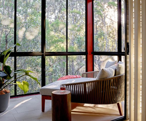 Sunlit interior with outdoor view, featuring a modern lounge chair with cushions, a small wooden side table with a drink, a potted plant, and a large window overlooking a forest.