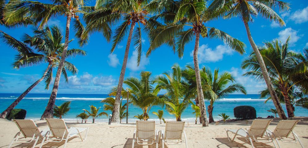 A serene beach scene with lounge chairs facing turquoise waters, framed by tall palm trees under a bright blue sky.