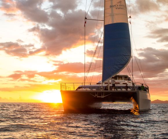 A catamaran with a tall red, white, and blue sail glides on the ocean during a vibrant sunset, casting a serene and adventurous mood.