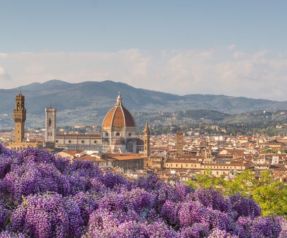 Florence skyline with the iconic Duomo dome and bell tower, seen from a hill adorned with vibrant purple wisteria, under a clear blue sky.