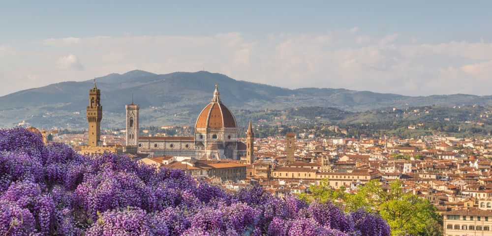 Florence skyline with the iconic Duomo dome and bell tower, seen from a hill adorned with vibrant purple wisteria, under a clear blue sky.