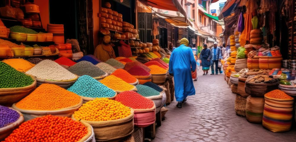 A bustling market with vibrant spices in baskets line a narrow cobblestone street. People walk past, surrounded by colorful awnings and goods.