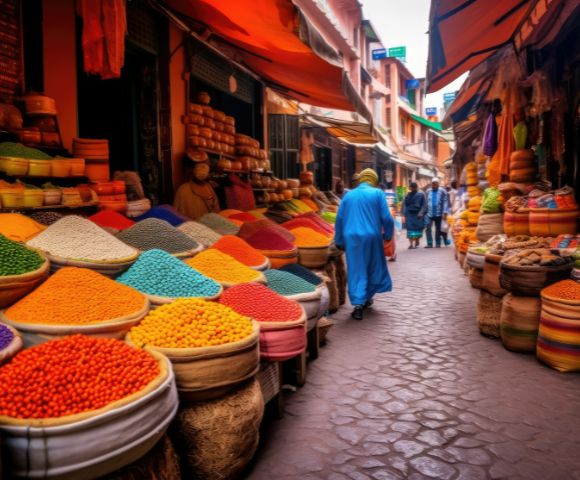 A bustling market with vibrant spices in baskets line a narrow cobblestone street. People walk past, surrounded by colorful awnings and goods.
