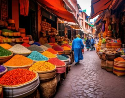 A bustling market with vibrant spices in baskets line a narrow cobblestone street. People walk past, surrounded by colorful awnings and goods.