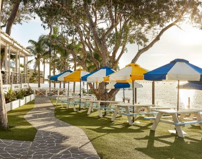 Beach umbrellas under the sun's soft lighting and serene lush greeneries.