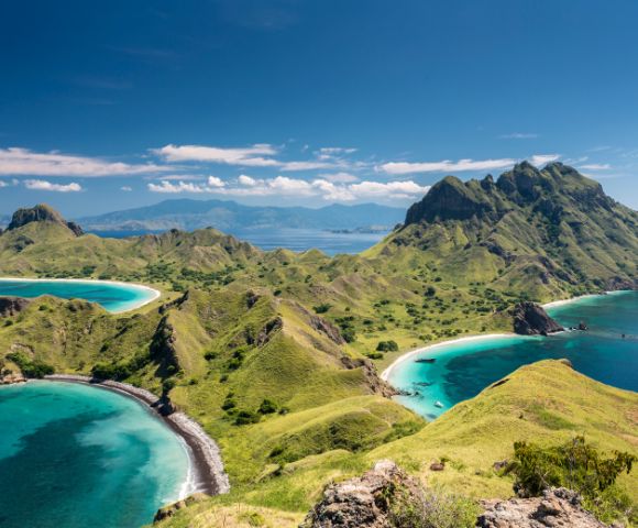 Scenic view of Komodo Island's lush green hills and turquoise bays under a clear blue sky, conveying a sense of tranquility and natural beauty.