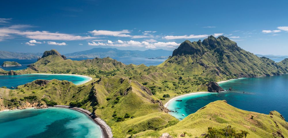 Scenic view of Komodo Island's lush green hills and turquoise bays under a clear blue sky, conveying a sense of tranquility and natural beauty.