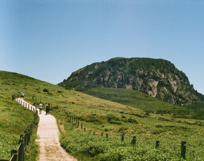 A serene landscape featuring a wooden walkway winding through lush green fields towards a rocky hill under a clear blue sky. People stroll along, enjoying nature.