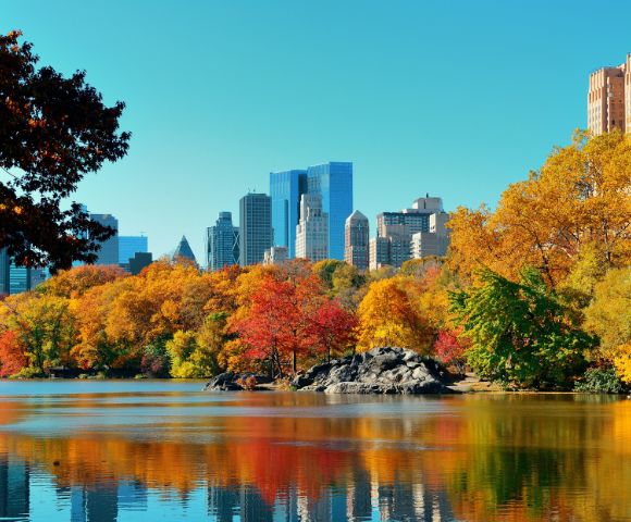 A serene lake reflects vibrant autumn trees in Central Park, with colorful foliage and the New York City skyline under a clear blue sky.