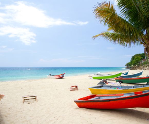 Tropical beach scene with colorful boats on white sand under a palm tree. The turquoise sea and blue sky create a serene, inviting atmosphere.
