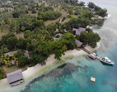 The image features a beautiful tropical island with a sandy beach and a lush green forest. The island is surrounded by a large body of water, which could be a lagoon or a bay. A boat is docked near the shore, possibly for a relaxing day on the island. There are several houses scattered around the island, some closer to the water and others further inland. These houses are likely part of a resort or a residential community. The overall atmosphere of the scene is serene and inviting, perfect for a peaceful getaway.