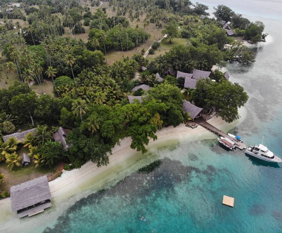 The image features a beautiful tropical island with a sandy beach and a lush green forest. The island is surrounded by a large body of water, which could be a lagoon or a bay. A boat is docked near the shore, possibly for a relaxing day on the island. There are several houses scattered around the island, some closer to the water and others further inland. These houses are likely part of a resort or a residential community. The overall atmosphere of the scene is serene and inviting, perfect for a peaceful getaway.