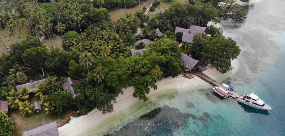 The image features a beautiful tropical island with a sandy beach and a lush green forest. The island is surrounded by a large body of water, which could be a lagoon or a bay. A boat is docked near the shore, possibly for a relaxing day on the island. There are several houses scattered around the island, some closer to the water and others further inland. These houses are likely part of a resort or a residential community. The overall atmosphere of the scene is serene and inviting, perfect for a peaceful getaway.
