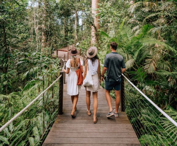 Three people walking on a wooden bridge surrounded by dense greenery.